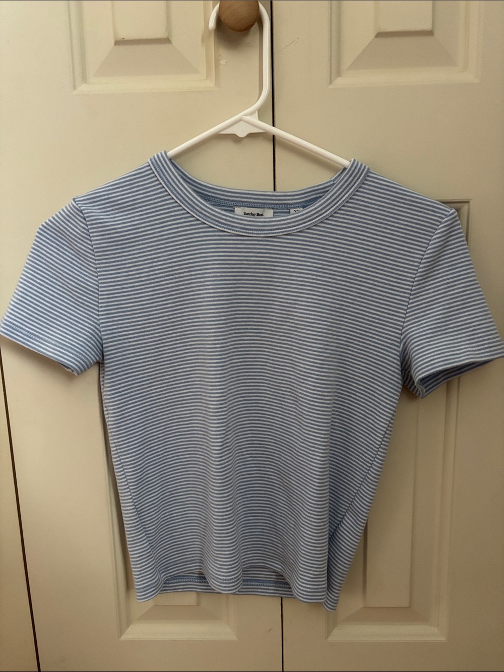 Aritzia light blue and white striped short sleeve crewneck tee